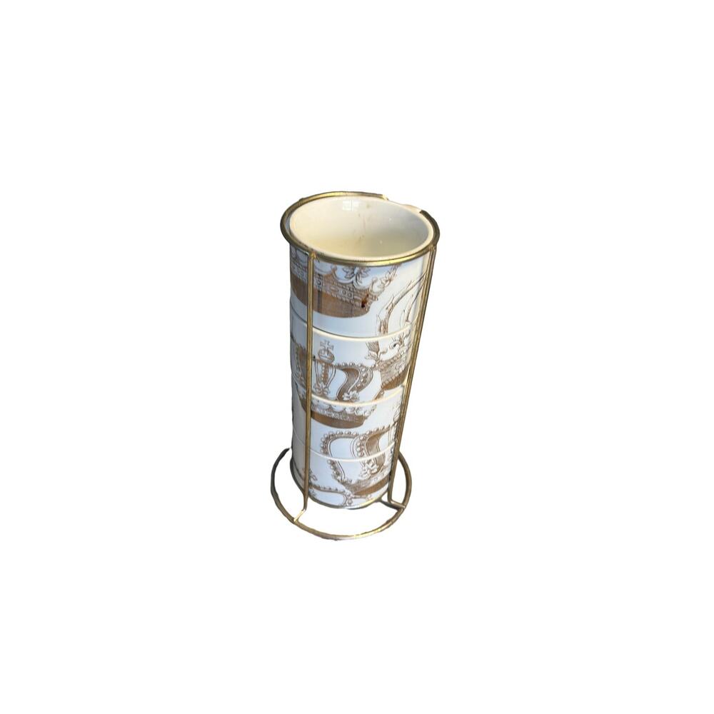 Vintage Pier 1 Imports Stacking Mugs Set of 4 Gold White Crown Cups w Holder